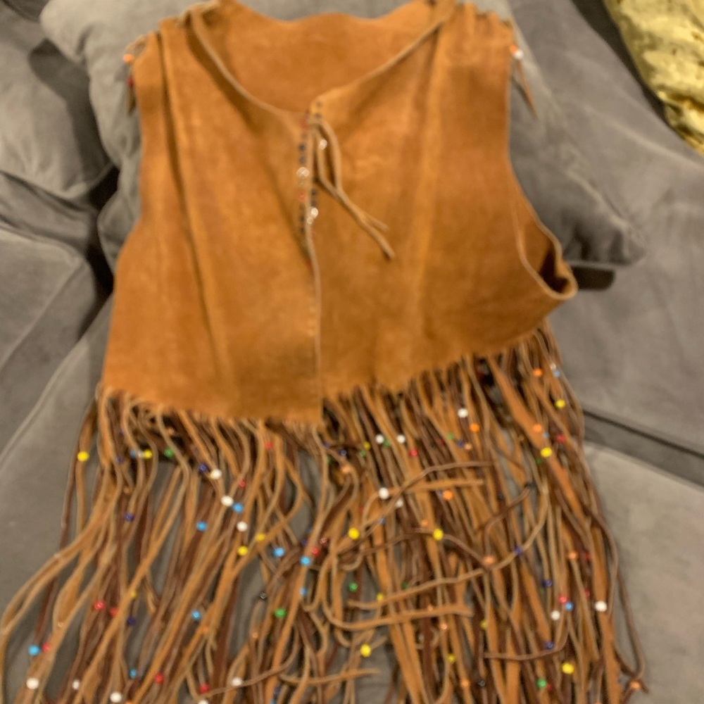 Brown Fringe  vintage Vest with Beaded Details